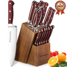 Emojoy Knife Set, 15-Piece Kitchen Knife Set with Block Wooden, Manual Sharpening for Chef Knife Set, German Stainless Steel