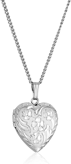 Amazon Collection Sterling Silver Engraved Flowers Heart Locket Necklace, 18"