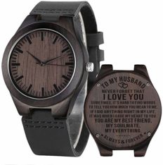 Engraved Mens Wooden Watch Personalized Leather Watches Sobriety Stuff for Husband Men Dad Love Fiance Anniversary Birthday Custom Black (Watch to Husband)