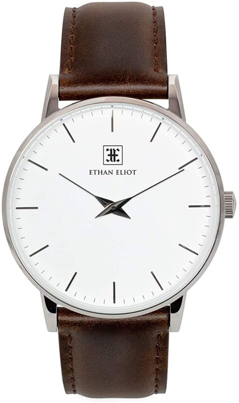 Ethan Eliot Classic Minimalist Men's Watch, Oxford 40mm Silver Watch for Men, Stainless Steel Silver Case, White Face & Genuine Brown Leather Band, 5ATM Water Resistant Watch (EE40-SW34BR)