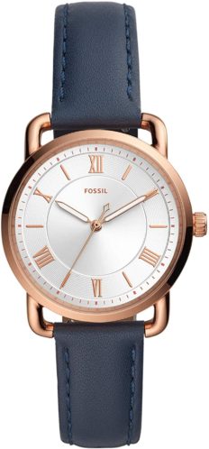 Fossil Women's Copeland Quartz Stainless Steel and Leather Three-Hand Watch, Color: Rose Gold, Navy (Model: ES4824)