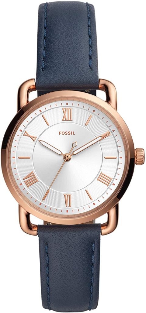 Fossil Women\'s Copeland Quartz Stainless Steel and Leather Three-Hand Watch, Color: Rose Gold, Navy (Model: ES4824)