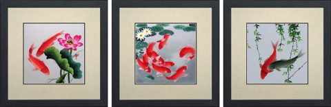 King Silk Art 100% Handmade Embroidery Mixed Group Feng Shui Orange & Black or Red Japanese Koi & Lotus Water Lilies Chinese Wildlife Fish Painting Anniversary Wedding Birthday Party Gifts Oriental Asian Wall Art Décor Artwork Hanging Picture Gallery 32004WF+32010WF+32015WF