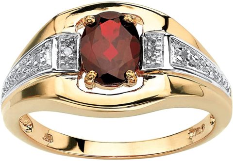Men's 18K Yellow Gold over Sterling Silver Oval Cut Genuine Red Garnet and Diamond Accent Ring