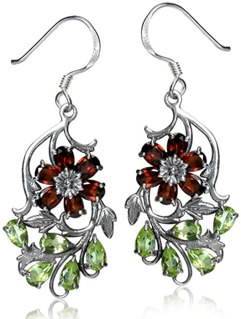 Silvershake Natural Garnet and Peridot 925 Sterling Silver Flower Leaf Dangle Hook Earrings