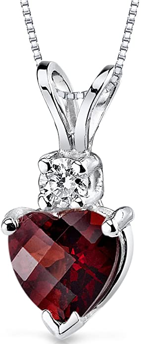 Peora Garnet with Genuine Diamond Pendant in 14 Karat White Gold, Heart Shape Solitaire, 6mm, 1.35 Carats total