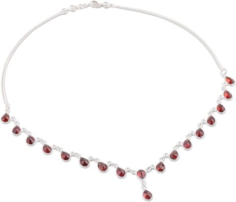 NOVICA Handmade Garnet Waterfall Necklace Artisan Crafted .925 Sterling Silver Red India Birthstone \'Scarlet Droplets\'
