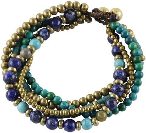 NOVICA Handmade Multigemstone Beaded Bracelet from Thailand Brass Reconstituted Turquoise Agate Serpentine Gold Blue Multicolor Island Paradise Birthstone Bohemian [7.75 in min L x 8.25 in max L x 0.6