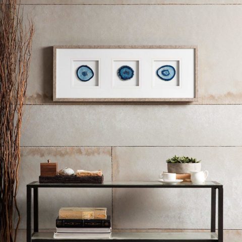 Madison Park Blue Trio Wall Art-Glass Framed Panel Natural Agate 4 Inch Geode Stones Living Room Décor,Different Cuts & each cut is a one of a kind piece and distinct from each other