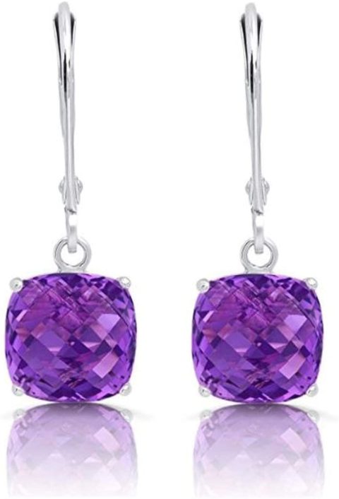 14k White Gold Cushion Cut Purple Amethyst Dangle Earrings for Women with 8mm February Birthstone by Parade of Jewels