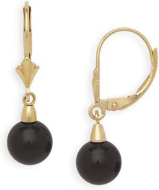 Jewelryweb Solid 14k Yellow or White Gold Natural Black Onyx Gemstone Lever-Back Dangling Drop Earrings (yellow-gold)
