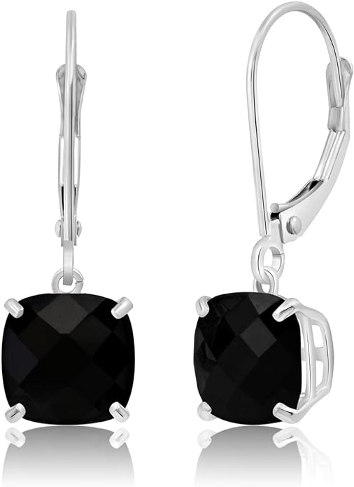 14k White Gold Cushion Cut Black Onyx Dangle Earrings for Women with 8mm December Birthstone by Parade of Jewels
