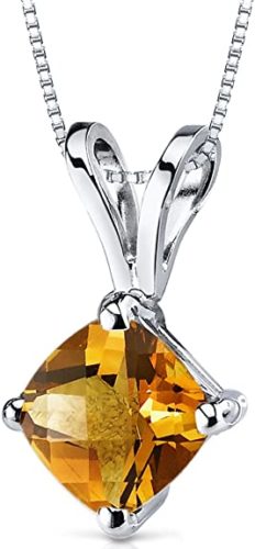 Peora Solid 14K White Gold Citrine Pendant for Women, Genuine Gemstone Birthstone Classic Solitaire, Cushion Cut, 6mm, 1 Carat total