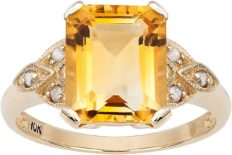 10k Yellow Gold Vintage Style Genuine Emerald-cut Citrine and Diamond Ring