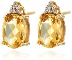 14k Yellow Gold Yellow Citrine Genuine Gemstone and Diamond Stud Earrings For Women Birthstone of November