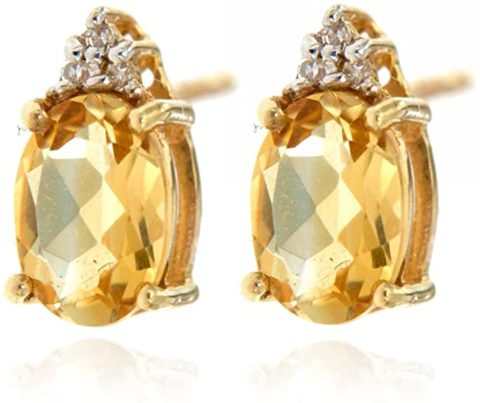 14k Yellow Gold Yellow Citrine Genuine Gemstone and Diamond Stud Earrings For Women Birthstone of November