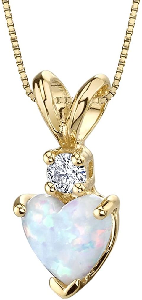 Peora Created White Opal and Genuine Diamond Pendant for Women 14K Yellow Gold, Heart Shape Solitaire, 6mm