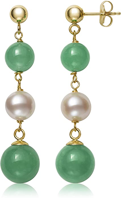 Cultured Freshwater Pearl and Jade Earrings for Women in 14K Gold