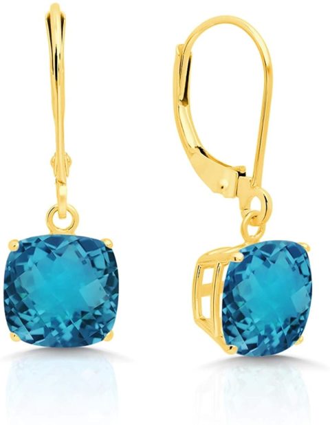 14k Yellow Gold Cushion Cut London Blue Topaz Dangle Earrings for Women with 8mm December Birthstone by Parade of Jewels