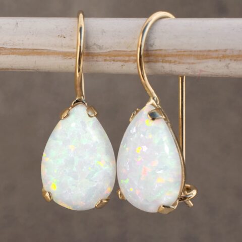14K Yellow Gold 7X10mm White Opal Teardrop Gemstone Drop Earrings, October Birthstone, Dainty Opal Gemstones Earrings, Bridal Handmade Wedding Jewelry Gift for Brides