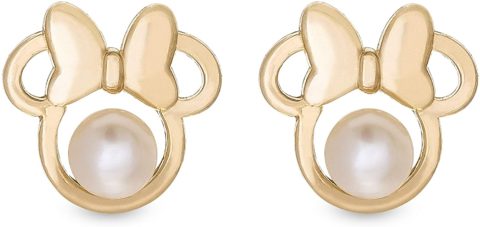 Disney Minnie Mouse 14KT Yellow Gold Stud Earrings with Genuine Pearls