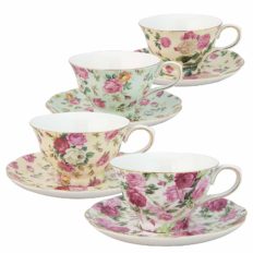 Gracie China by Coastline Imports Rose Chintz 8-Ounce Porcelain Tea Cup and Saucer, Set of 4