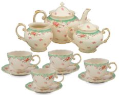 Gracie China by Coastline Imports Vintage Green Rose Porcelain 11-Piece Tea Set, Green