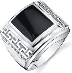 Peora Men's Genuine Black Onyx Greek Key Chunky Signet Ring 925 Sterling Silver, Large 13x10mm Rectangular Shape, Size 13