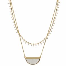 Double Glass Beads Strand with Half Moon Mother of Pearl Pendant Necklace, Celestial Jewelry (White)