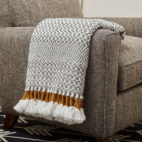 Amazon Brand - Rivet Modern Hand-Woven Stripe Fringe Throw Blanket, 50" x 60", Grey/White With Mustard Yellow
