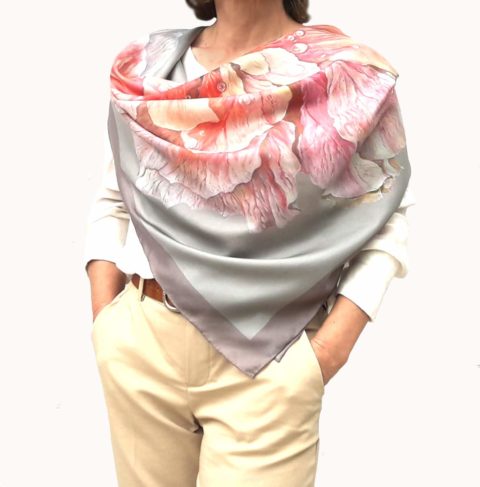 Designer Square Silk Scarf for Women Hand Painted and Printed Grey Shawl with Pink Rose Unique Luxury Large Satin Neckerchief for Any Season Fashion Gift for Lady Who Has Everything