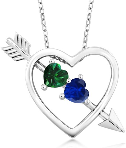 Gem Stone King Sterling Silver Green Simulated Emerald and Blue Created Sapphire Heart & Arrow Pendant Necklace 0.96 Ct with 18 Inch Chain