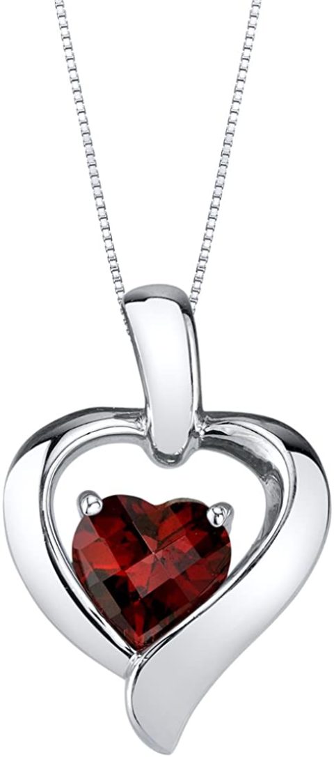 Peora Garnet Pendant Necklace for Women Sterling Silver, Heart in Heart Shape Design, Genuine Gemstone Birthstone, 1 Carat Heart Shape 6mm, with 18 inch Italian Chain