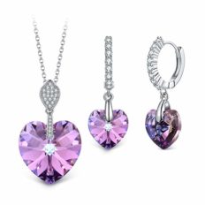 T400 Blue Purple Green Gold Crystal Jewelry Set with Heart Waterdrop Pendant Necklace and Drop Earrings Gift for Women