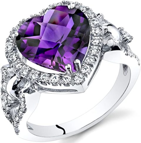 Peora Amethyst Large Heart Halo Ring for Women 14K White Gold with White Topaz, Genuine Gemstone, 3 Carats 10mm, Size 9