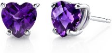 Peora Amethyst Heart Stud Earrings for Women in 14 Karat White Gold, Classic Solitaire Studs, 6mm, 1.50 Carats total, Friction Back