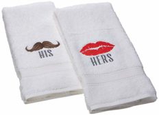 Linum Home Textiles B0184NKSF6 Embroidered His & Hers Hand Towels (Set of 2), 16"x30", White