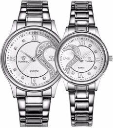 DREAMING Q&P Valentines Stainless Steel Romantic His and Hers Pair Hearts Wrist Watches for Man Woman Fq102 Silvery White Set of 2