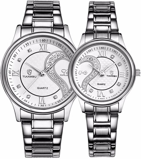 Valentines Stainless Steel Romantic His and Hers Pair Hearts Wrist Watches for Man Woman Fq102 Silvery White Set of 2