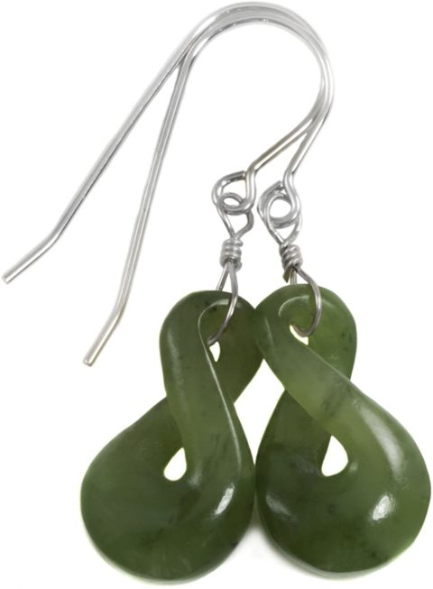 Sterling Silver Nephrite Jade Earrings Green Infinity Carved Shape Curved Teardrop Drops