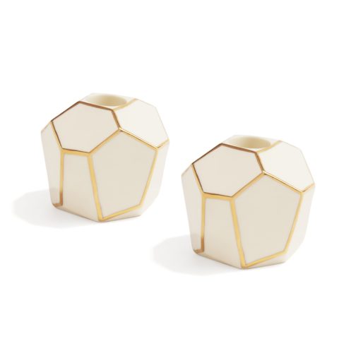 Geometric Modern Ceramic Candleholders with Gold Trim, Set of 2, Ivory Porcelain Candle Holder, Taper Candle Size