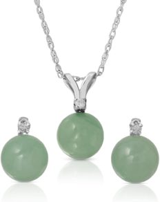 Regalia by Ulti Ramos 14K Gold Genuine Jade 2pcs Earring and Pendant Set with .03cts of White Diamonds 17\" (White Gold)