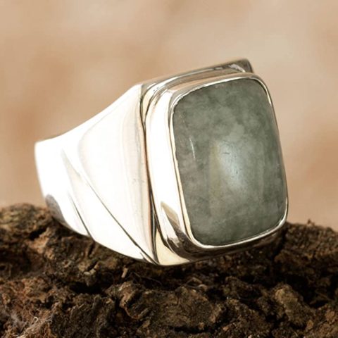 NOVICA Natural Jade .925 Sterling Silver Modern Men's Ring, Fortress'