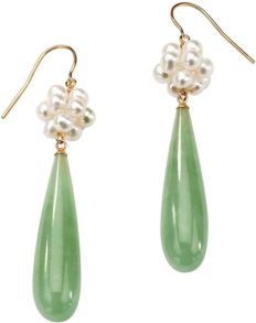 PalmBeach 10K Yellow Gold Round Genuine Cultured Freshwater Pearl and Genuine Green Jade Drop Earrings (62x11mm)