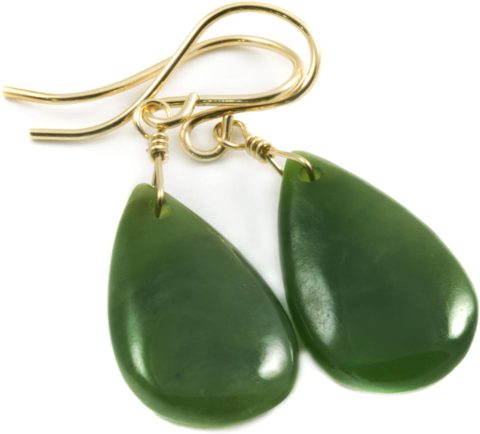 14k Yellow Gold Nephrite Jade Earrings Dark Green Everyday Simple Teardrop Medium Smooth Drops (yellow-gold)