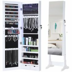 GISSAR Jewelry Organizer Full Length Mirror Jewelry Cabinet Standing / Wall Mounted Jewelry Armoire Storage With Lights Lockable White