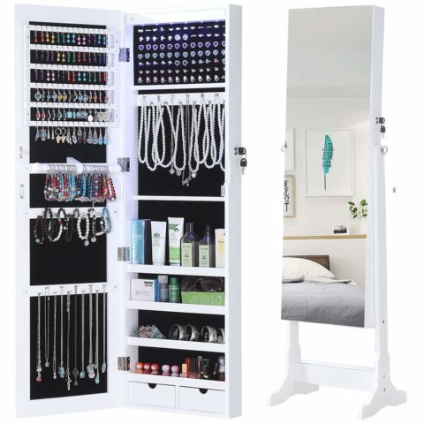 GISSAR Jewelry Organizer Full Length Mirror Jewelry Cabinet Standing / Wall Mounted Jewelry Armoire Storage With Lights Lockable White