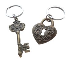 Large Bronze Key and Heart Lock Keychain Set- You\'ve Got The Key To My Heart; 8 Year Anniversary, Couples Keychain Set
