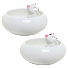 MyGift Mini White Ceramic Cute Cat Ornament Succulent Plant Pot/Small Adorable Kitty Tabletop Decorative Flower Planter Bowls with Rubber Plug, Set of 2