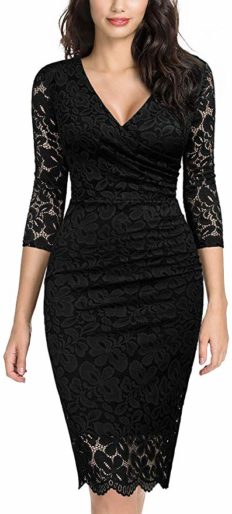 Miusol Women's Retro Deep-V Neck Ruffles Floral Lace Evening Pencil Dress (Small, Black)